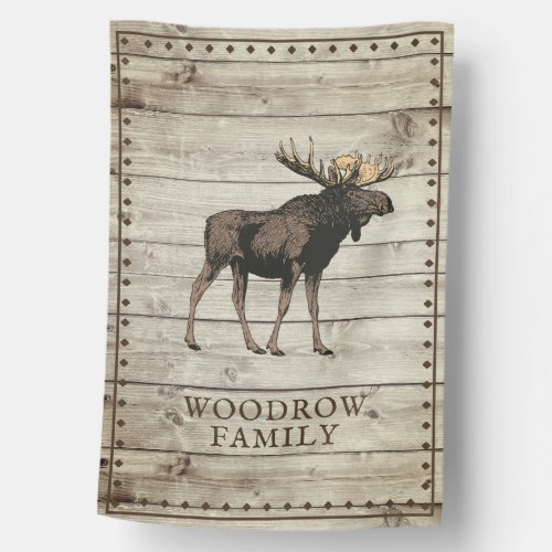 Rustic Wood Walking Moose Family Name House Flag