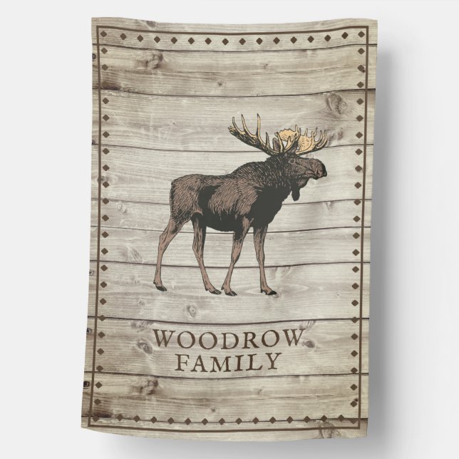 Rustic Wood Walking Moose Family Name House Flag (Front)