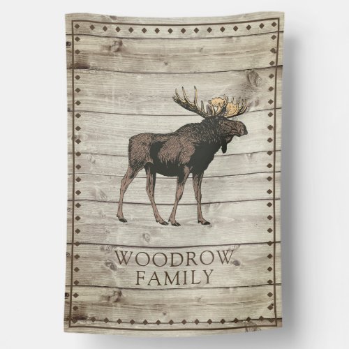 Rustic Wood Walking Moose Family Name House Flag