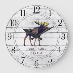 Rustic Wood Walking Moose Family Name Large Clock