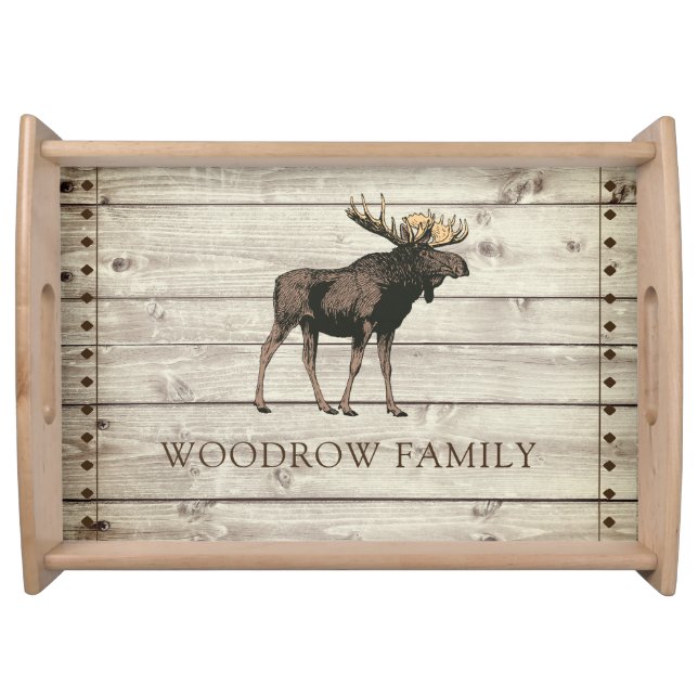 Rustic Wood Walking Moose Family Name Serving Tray (Front)