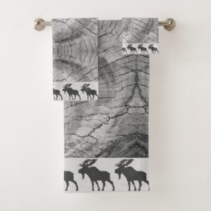 Rustic Wood Walking Moose Gray Bath Towel Set