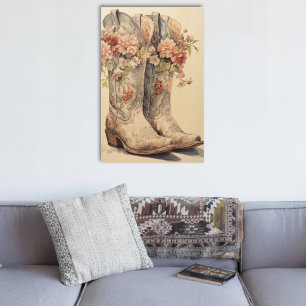 Rustic Wood Wall Art – Cowgirl Boots with Wildflow