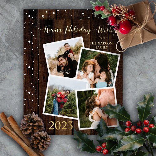 Rustic Wood Warm Holiday Wishes 4 Photo Foil