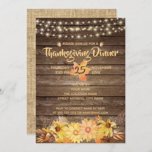 Rustic Wood Watercolor Autumn Floral Thanksgiving Invitation