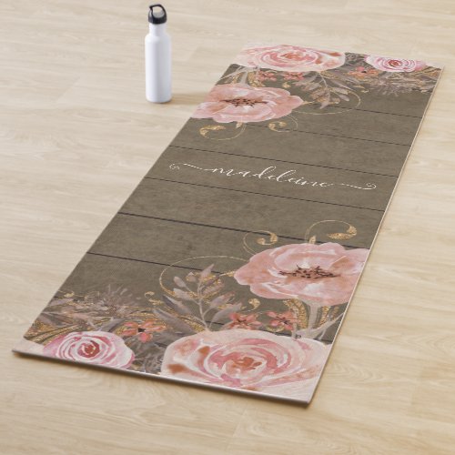 Rustic Wood Watercolor Blush Floral Script Name Yoga Mat