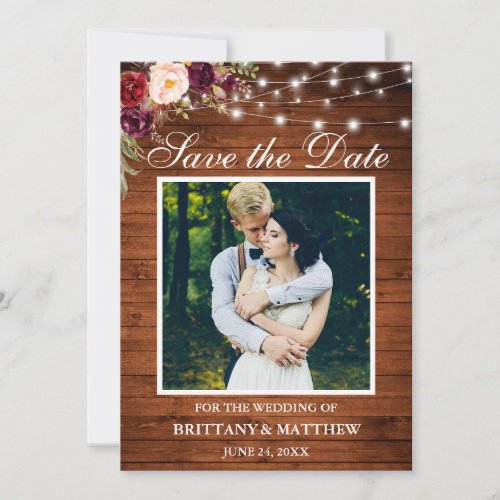 Rustic Wood Watercolor Burgundy Floral Lights Save The Date