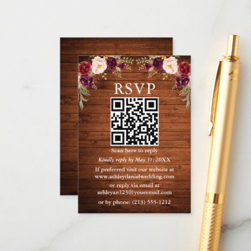 Rustic Wood Watercolor Burgundy Floral QR RSVP Enclosure Card