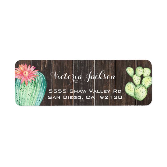 Rustic Wood watercolor cactus address label (Front)