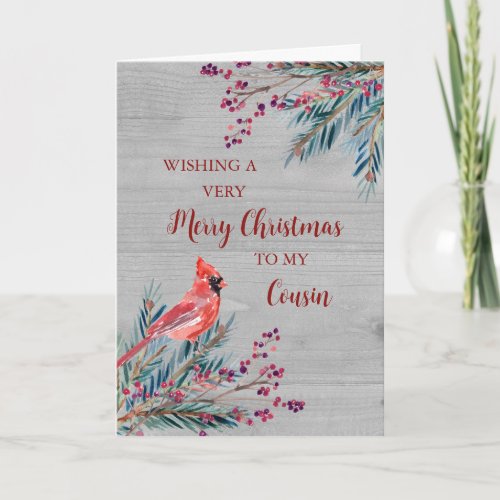Rustic Wood Watercolor Cousin Merry Christmas Card