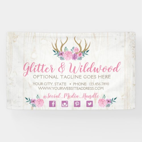 Rustic Wood  Watercolor Floral Antlers Boutique Banner