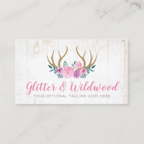 Rustic Wood  Watercolor Floral Antlers Boutique Business Card