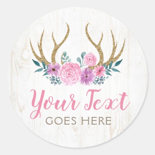 Rustic Wood  Watercolor Floral Antlers Boutique Classic Round Sticker