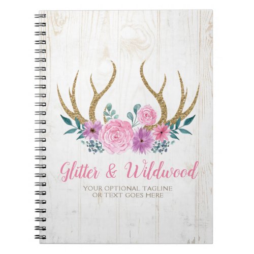 Rustic Wood  Watercolor Floral Antlers Boutique Notebook