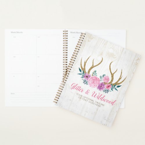 Rustic Wood  Watercolor Floral Antlers Boutique Planner