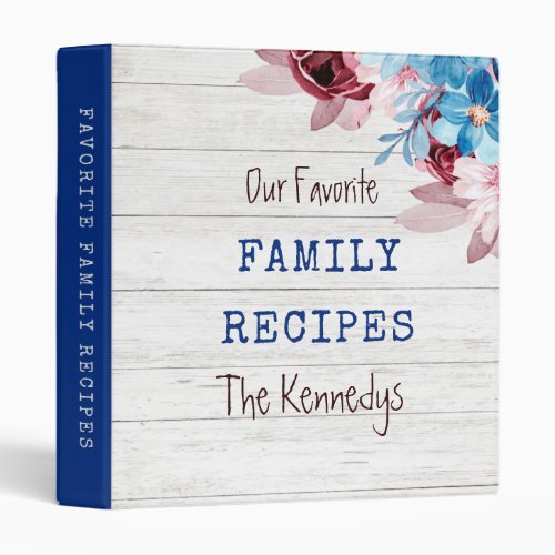 Rustic Wood Watercolor Floral Family Cookbook 3 Ring Binder