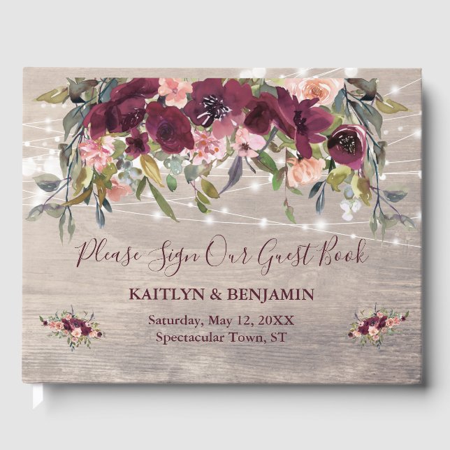 Rustic Wood Watercolor Floral Lights Wedding Guest Book (Front)