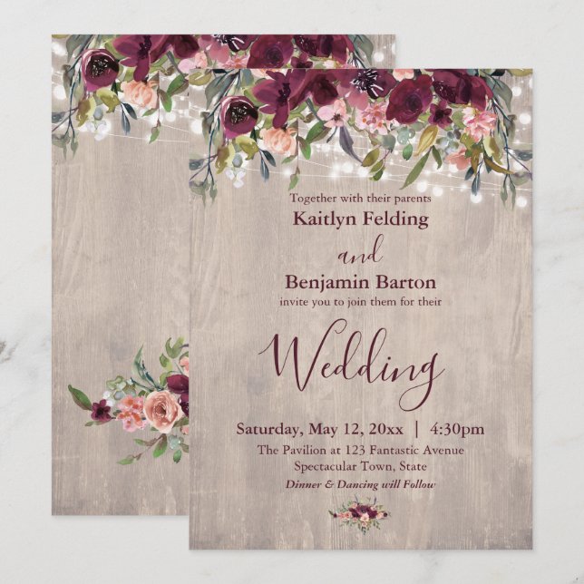 Rustic Wood Watercolor Floral Lights Wedding Invitation (Front/Back)