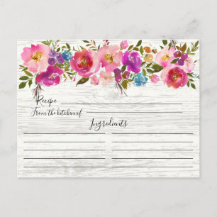 Rustic Wood Watercolor Floral Recipe Card