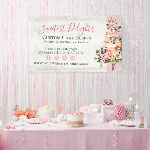 Rustic Wood Watercolor Floral Wedding Cake Bakery Banner