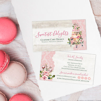 Rustic Wood Watercolor Floral Wedding Cake Bakery Business Card by CyanSkyDesign at Zazzle