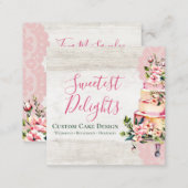 Rustic Wood Watercolor Floral Wedding Cake Bakery Square Business Card (Front/Back)
