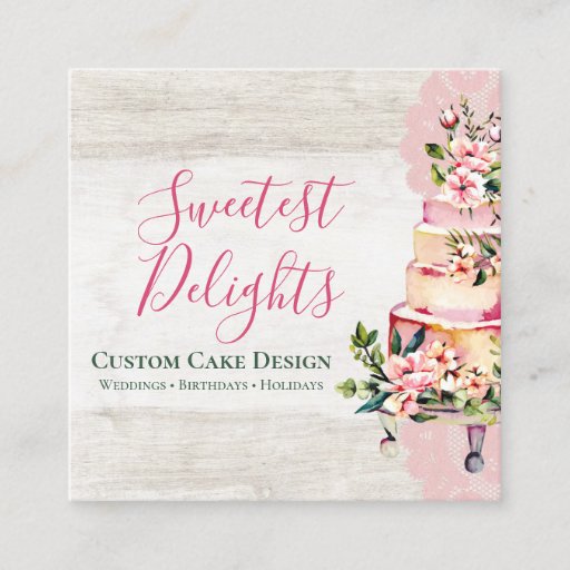 Customizable Rustic Wood Watercolor Floral Wedding Cake Bakery Square Business Card
