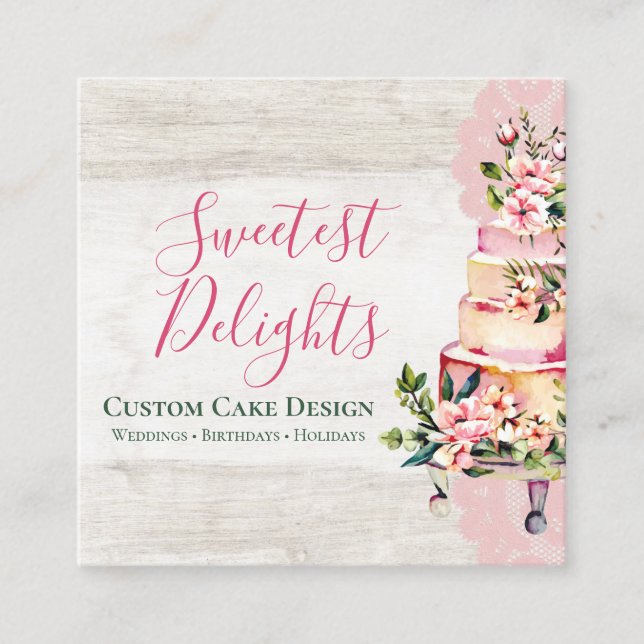 Rustic Wood Watercolor Floral Wedding Cake Bakery Square Business Card (Front)