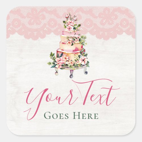 Rustic Wood Watercolor Floral Wedding Cake Bakery Square Sticker