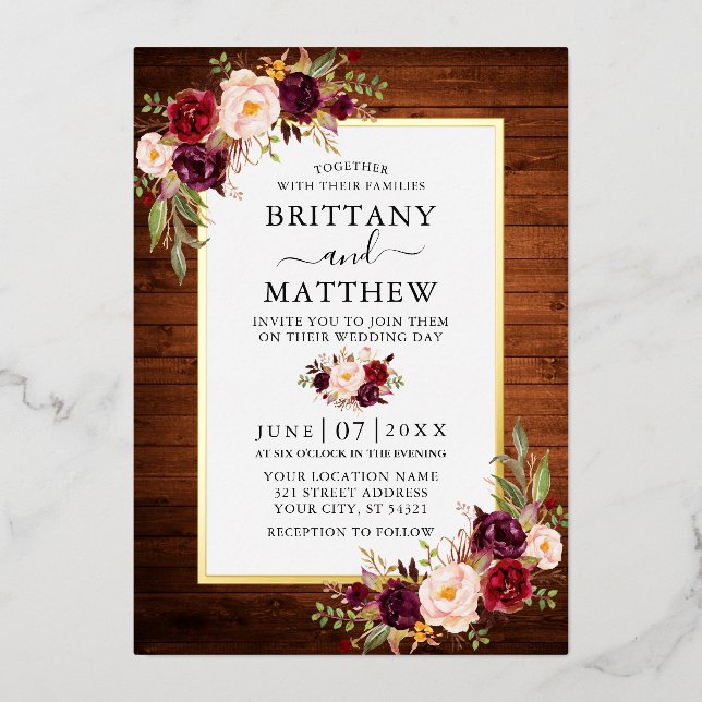 Rustic Wood Watercolor Floral Wedding Gold Foil Invitation (Front)
