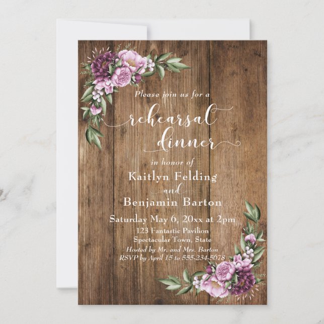 Rustic Wood & Watercolor Flowers Rehearsal Dinner Invitation (Front)