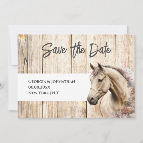 Rustic wood watercolor horse country barn save the date