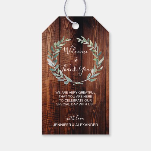 Rustic wood watercolor leaves wedding Welcome Gift Tags