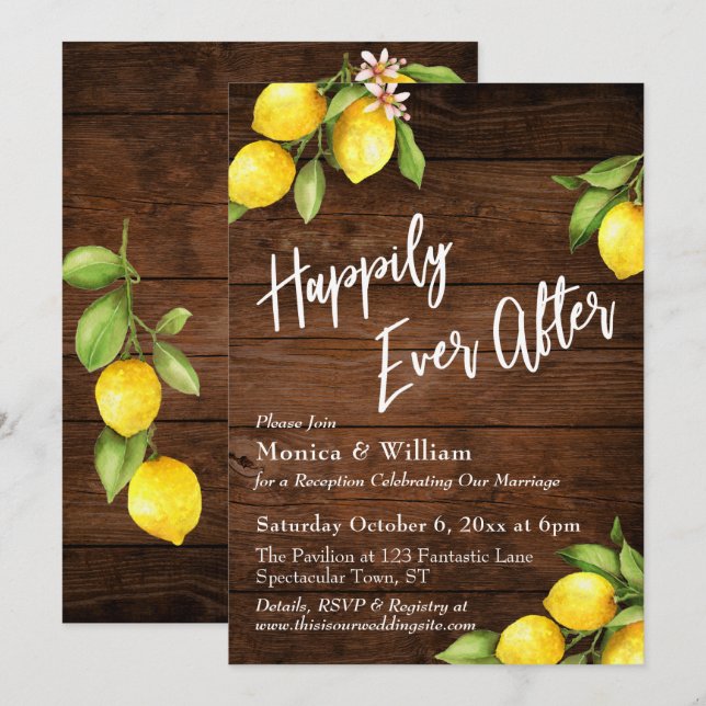 Rustic Wood Watercolor Lemons Happily Ever After Invitation (Front/Back)