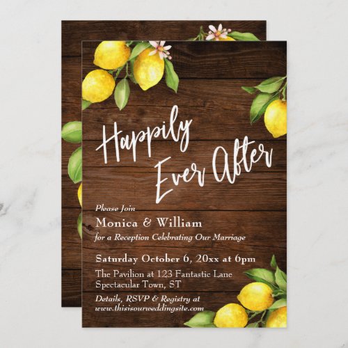 Rustic Wood Watercolor Lemons Happily Ever After Invitation