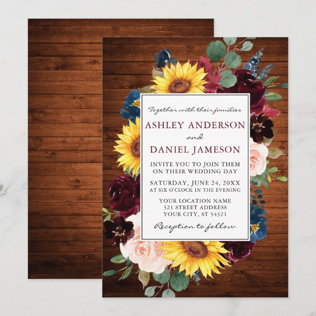 Rustic Wood Watercolor Mixed Floral Frame Wedding Invitation (Front/Back)