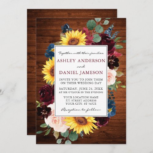 Rustic Wood Watercolor Mixed Floral Frame Wedding Invitation