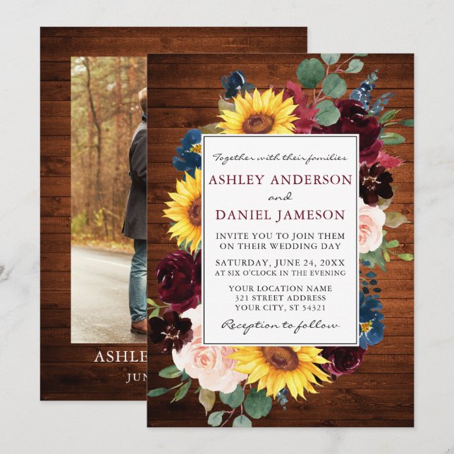 Rustic Wood Watercolor Mixed Floral Photo Wedding Invitation (Front/Back)