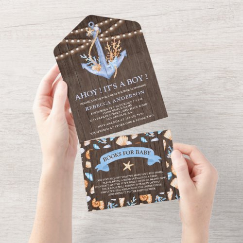 Rustic Wood Watercolor Nautical Anchor Baby Shower All In One Invitation