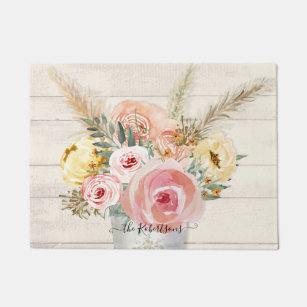 Rustic Wood Watercolor Pink Floral Cottage Chic Doormat