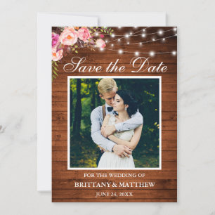 Rustic Wood Watercolor Pink Floral Lights Save The Date