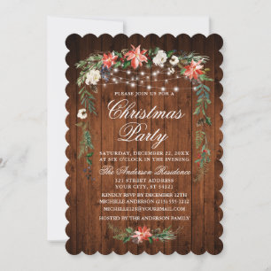 Rustic Wood Watercolor Poinsettia Lights Christmas Invitation