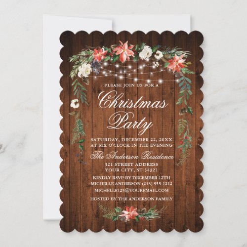 Rustic Wood Watercolor Poinsettia Lights Christmas Invitation