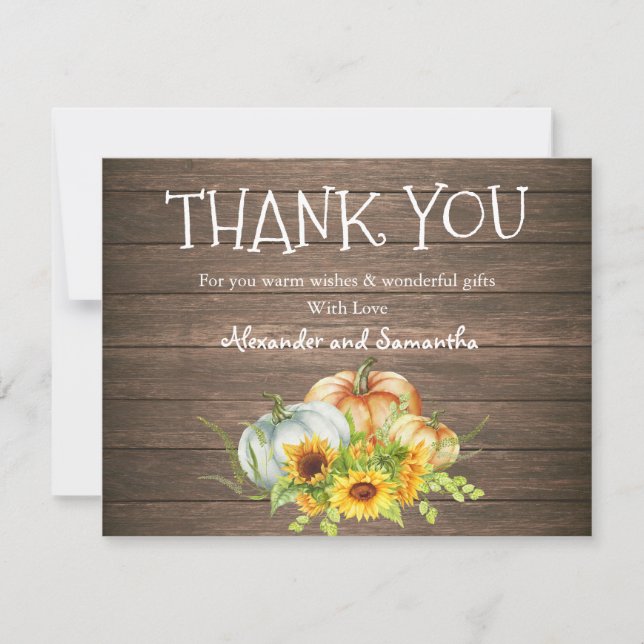 Rustic Wood Watercolor Pumpkin Fall Thank You Card (Front)