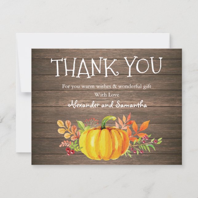 Rustic Wood Watercolor Pumpkin Fall Thank You Card (Front)