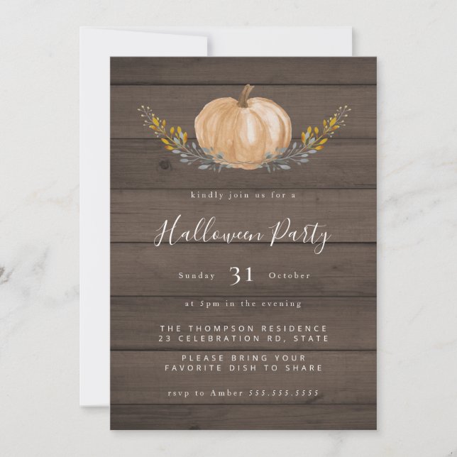 Rustic Wood Watercolor Pumpkin Halloween Party Invitation (Front)