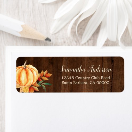 Rustic Wood Watercolor Pumpkin Orange Fall Leaves Label