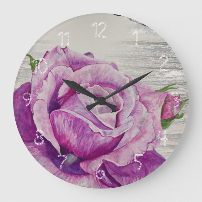 Rustic Wood Watercolor Purple Rose Large Clock (Front)