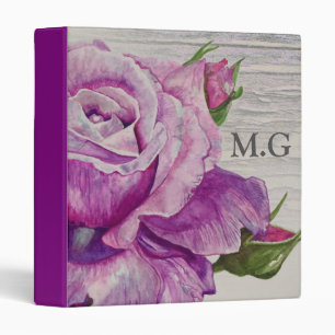 Rustic Wood Watercolor Purple Rose Monogram 3 Ring Binder