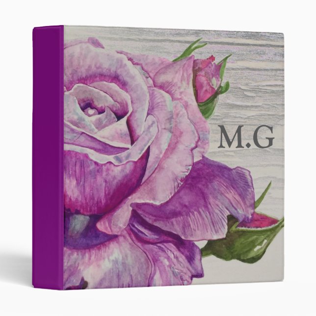 Rustic Wood Watercolor Purple Rose Monogram 3 Ring Binder (Front/Spine)